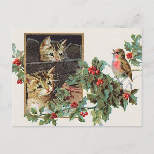 ヴィンテージの猫と鳥のクリスマス シーズンポストカード (正面)