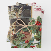 ヴィンテージの猫と鳥のクリスマス ラッピングペーパーシート (インサイチュ)