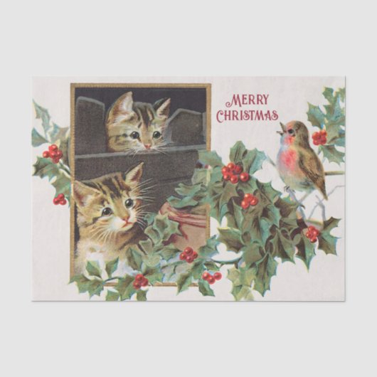 ヴィンテージの猫と鳥のクリスマス 薄葉紙 (正面)