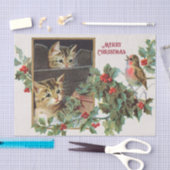 ヴィンテージの猫と鳥のクリスマス 薄葉紙 (クラフト)