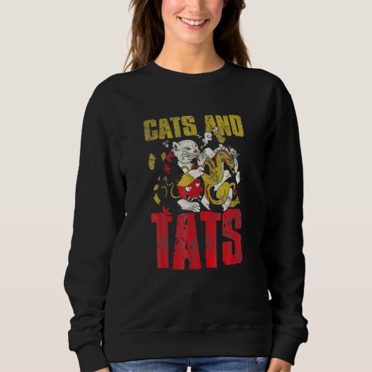 ヴィンテージの猫とATSの猫のタトゥー スウェットシャツ (正面)