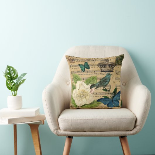 ヴィンテージの王冠の鳥音楽は植物のフランス語に注意します クッション (椅子)
