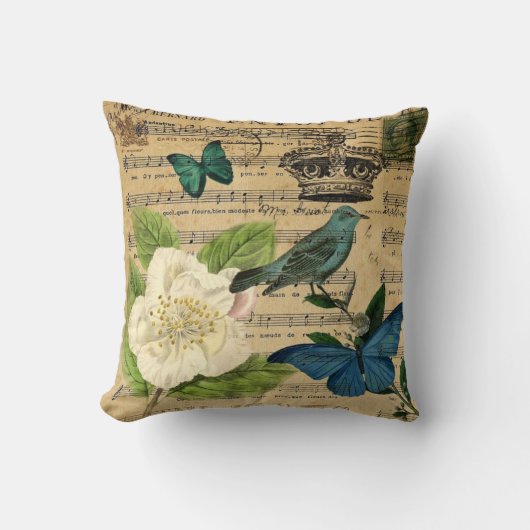 ヴィンテージの王冠の鳥音楽は植物のフランス語に注意します クッション (正面)