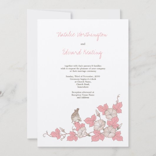 ヴィンテージの珊瑚の鳥及び花の結婚式招待状 招待状 (正面)