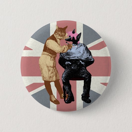 ヴィンテージの理容師猫および犬 缶バッジ (正面)