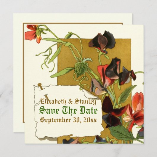 ヴィンテージの甘いエンドウの花の結婚式の日付を保存 セーブザデート (正面/裏面)