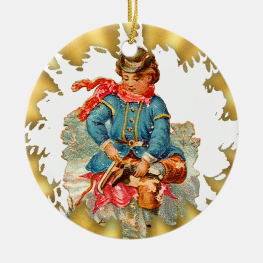 ヴィンテージの男の子のアイススケートの陶磁器のクリスマスのオーナメント セラミックオーナメント (正面)