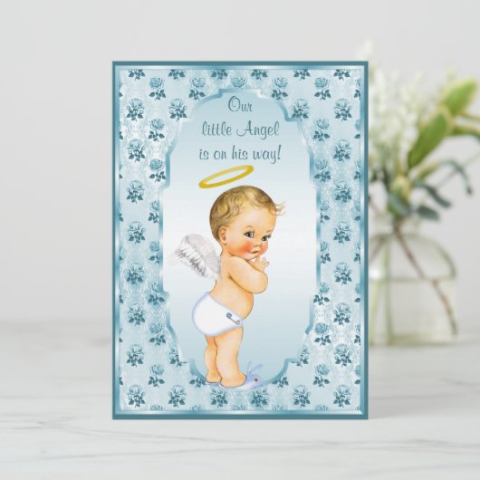 ヴィンテージの男の子の天使の青いバラのベビーシャワー 招待状 (スタンド正面)