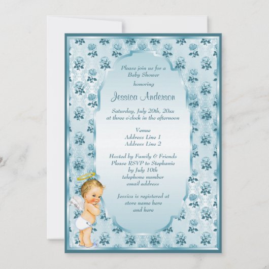 ヴィンテージの男の子の天使の青いバラのベビーシャワー 招待状 (裏面)