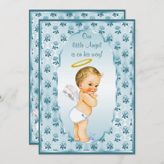 ヴィンテージの男の子の天使の青いバラのベビーシャワー 招待状 (正面/裏面)