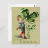 ヴィンテージの男の子4の葉のクローバーのセントパトリックの日カード ポストカード (正面/裏面)