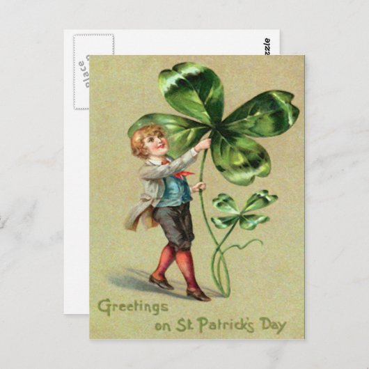 ヴィンテージの男の子4の葉のクローバーのセントパトリックの日カード ポストカード (正面/裏面)