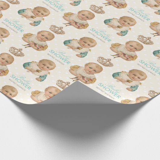 ヴィンテージの男の赤ちゃんのシャワーの王冠のパーソナライズなベージュ色 ラッピングペーパー (角)