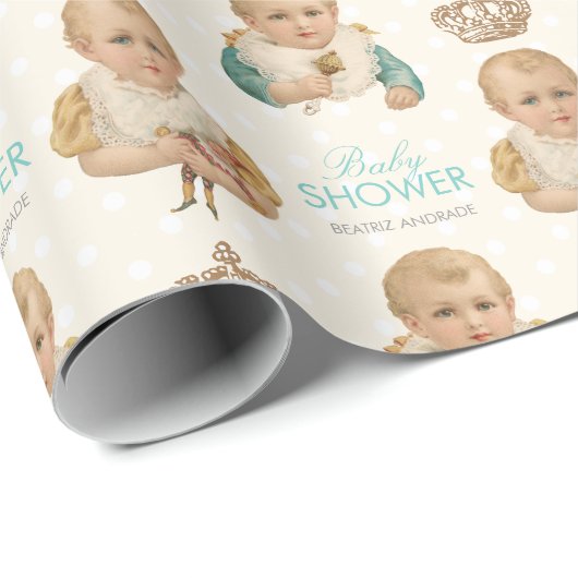 ヴィンテージの男の赤ちゃんのシャワーの王冠のパーソナライズなベージュ色 ラッピングペーパー (ロールコーナー)