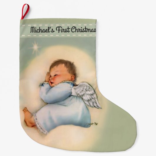 ヴィンテージの男の赤ちゃんの天使の初めてのクリスマス ラージクリスマスストッキング (正面)