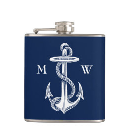 ヴィンテージの白いいかりロープの濃紺の背景 フラスク