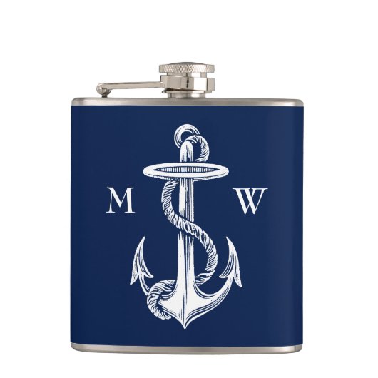 ヴィンテージの白いいかりロープの濃紺の背景 フラスク (正面)