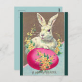 ヴィンテージの白いイースターバニーと明るいピンクの卵 ポストカード (正面/裏面)