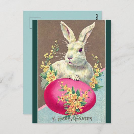 ヴィンテージの白いイースターバニーと明るいピンクの卵 ポストカード (正面/裏面)