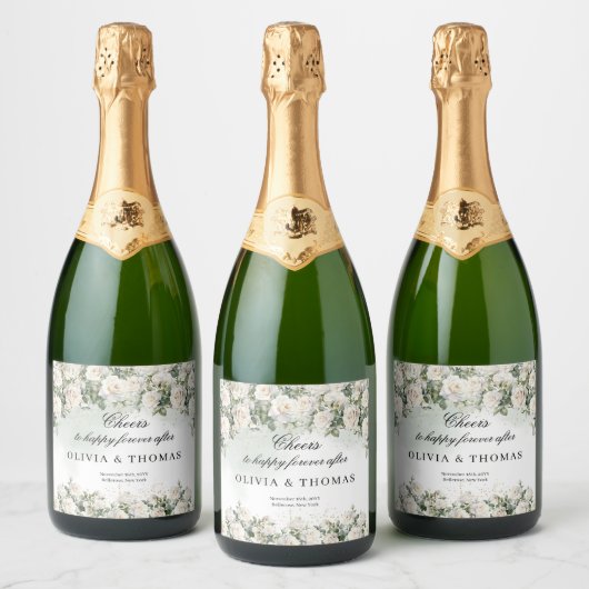 ヴィンテージの白いバラと緑の結婚葉 スパークリングワインラベル (ボトル)