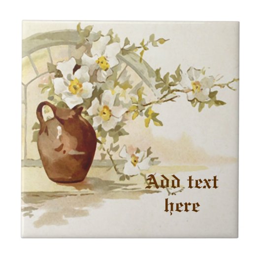 ヴィンテージの白いバラの水色の茶色の花瓶 タイル (正面)