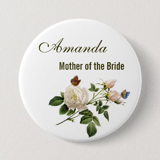 ヴィンテージの白いバラの花の母の花嫁 缶バッジ (正面)