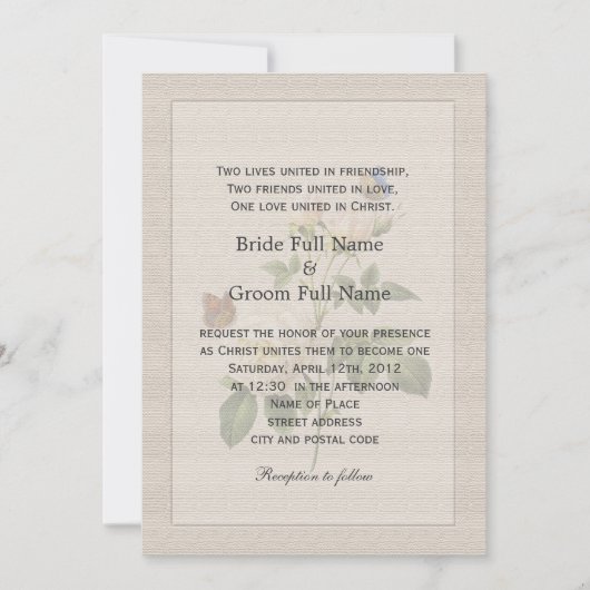 ヴィンテージの白いバラの花クリスチャン結婚ズ 招待状 (正面)