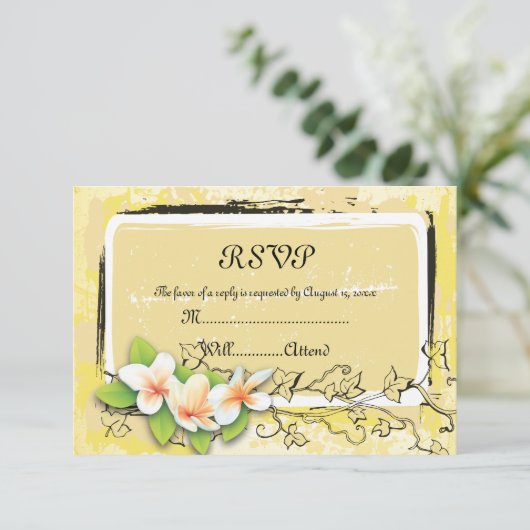 ヴィンテージの白いプルメリアアイビーの黄色のRSVPカード 出欠カード (スタンド正面)