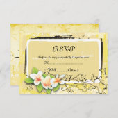 ヴィンテージの白いプルメリアアイビーの黄色のRSVPカード 出欠カード (正面/裏面)