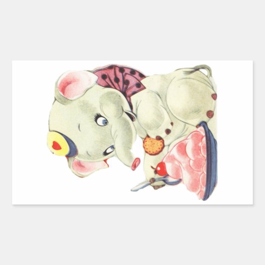 ヴィンテージの白い象がケーキのデザートを食べる レクタン 長方形シール (正面)