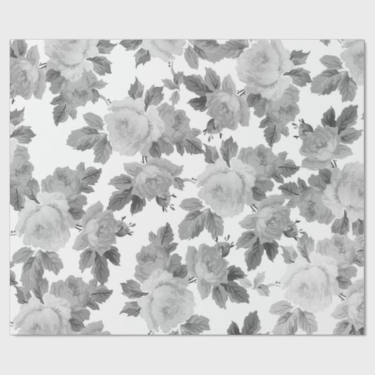 ヴィンテージの白黒のシックなバラの花柄パターン ラッピングペーパー (フラット)