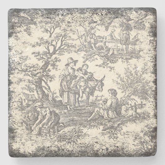 ヴィンテージの白黒の木のトワールデジュウプリント ストーンコースター (正面)