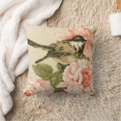 ヴィンテージの白黒の鳥の赤面のピンクのバラの花 クッション (ブランケット)