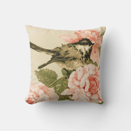 ヴィンテージの白黒の鳥の赤面のピンクのバラの花 クッション (正面)