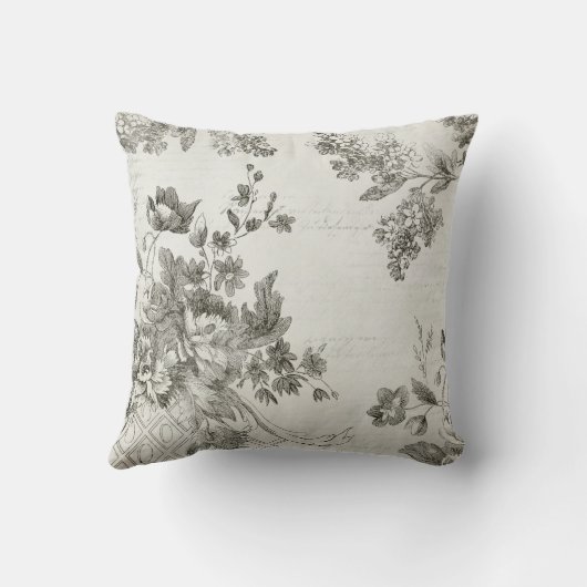 ヴィンテージの白黒花の原稿は4つを印刷します クッション (裏面)