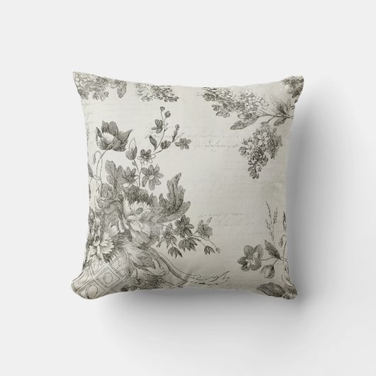 ヴィンテージの白黒花の原稿は4つを印刷します クッション (正面)