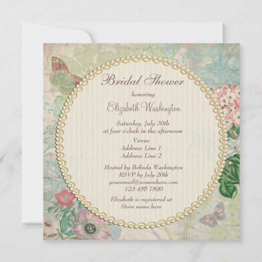 ヴィンテージの真珠及びレースのぼろぼろのシックなブライダルシャワー 招待状 (裏面)