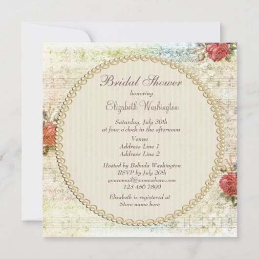 ヴィンテージの真珠及びレースのぼろぼろのシックなブライダルシャワー 招待状 (裏面)