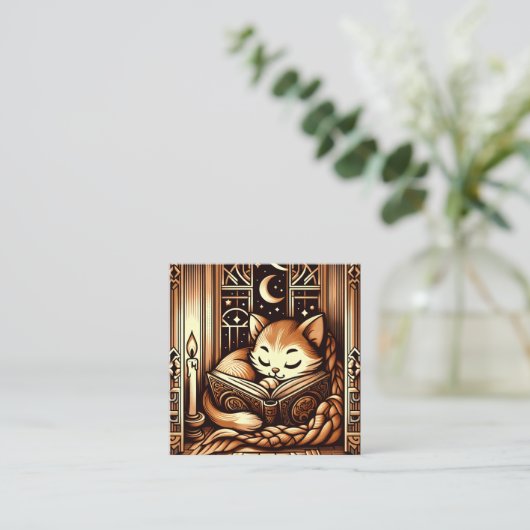ヴィンテージの眠れるアールデコスタイル猫と本 スクエア名刺 (スタンド正面)