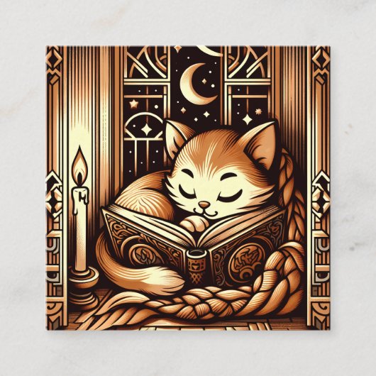 ヴィンテージの眠れるアールデコスタイル猫と本 スクエア名刺 (正面)