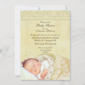 ヴィンテージの睡眠のベビーの静かにパステル調の黄色いレース 招待状 (正面)