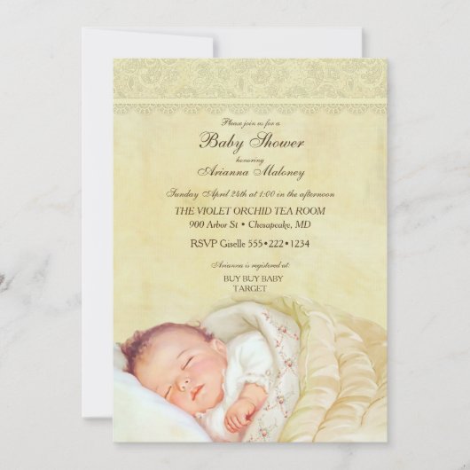 ヴィンテージの睡眠のベビーの静かにパステル調の黄色いレース 招待状 (正面)