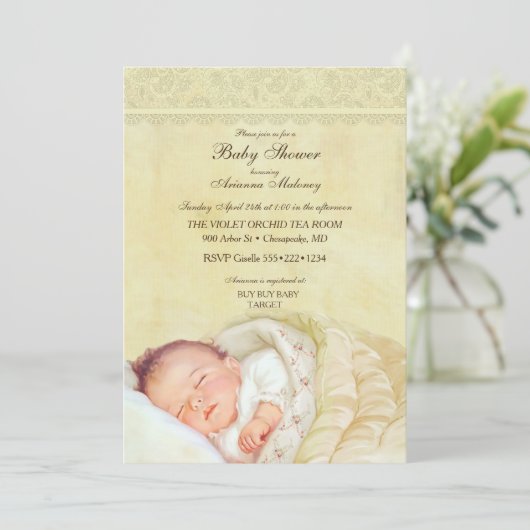 ヴィンテージの睡眠のベビーの静かにパステル調の黄色いレース 招待状 (スタンド正面)