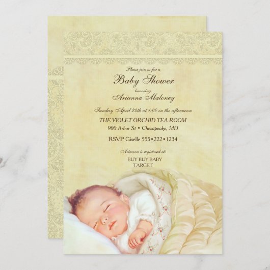 ヴィンテージの睡眠のベビーの静かにパステル調の黄色いレース 招待状 (正面/裏面)