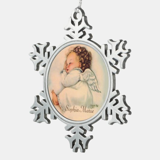 ヴィンテージの睡眠の女の赤ちゃんの天使 スノーフレークピューターオーナメント (右)