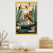 ヴィンテージの睡蓮の葉の花と蝶のポスターの少女 ポスター (キッチン)