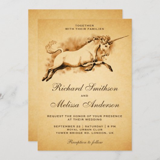 ヴィンテージの神話上のユニコーンの結婚式招待状 招待状 (正面/裏面)