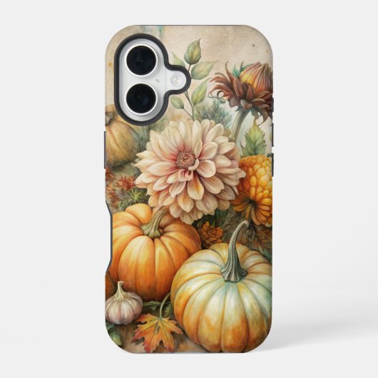 ヴィンテージの秋のかぼちゃの花のシーン iPhone 16ケース (裏面)