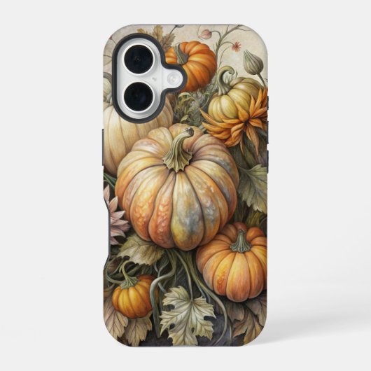 ヴィンテージの秋のかぼちゃの花のシーン iPhone 16ケース (裏面)