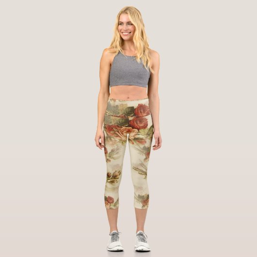 ヴィンテージの秋のバラクリームの背景 カプリレギンス (正面)